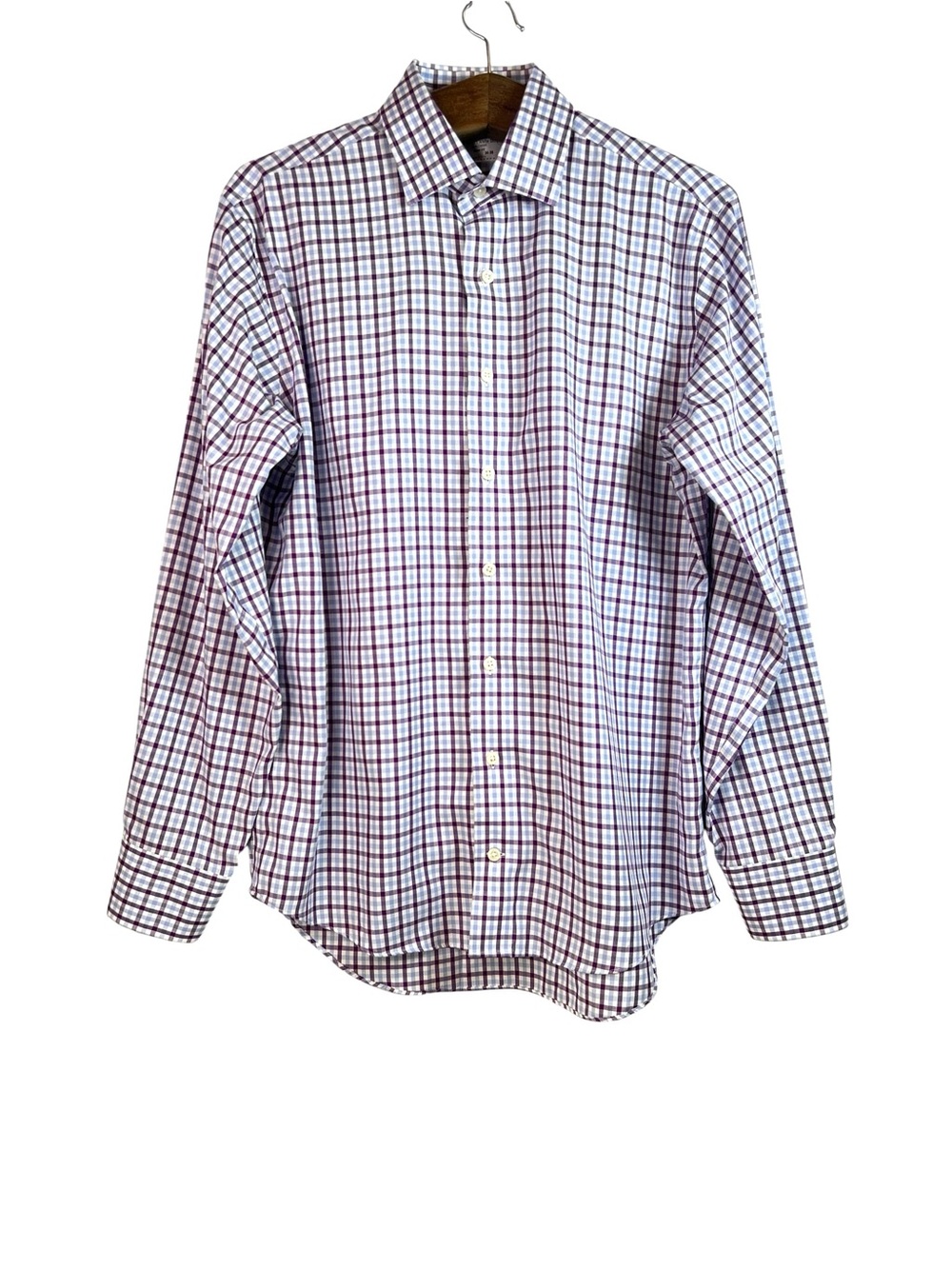 Lorenzo Uomo Trim Fit Dress Shirt Men 16 34/35 Blue Purple White Gingham Preppy